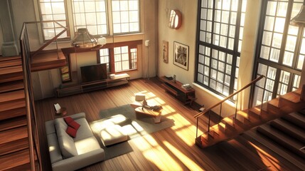 Sunlit Loft Apartment: Modern Living Space with Wooden Stairs and Large Windows