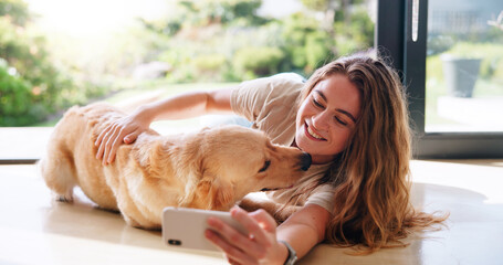 Woman, dog or relax in home for selfie, bonding or loyalty with pet adoption. Labrador, happy owner or tech in living room for social media, foster care update and photography for support animal blog