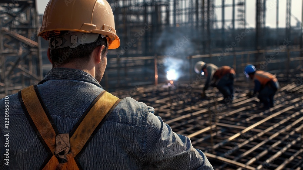 Poster engineer worker back view observing a team of welders working on steel reinforcements