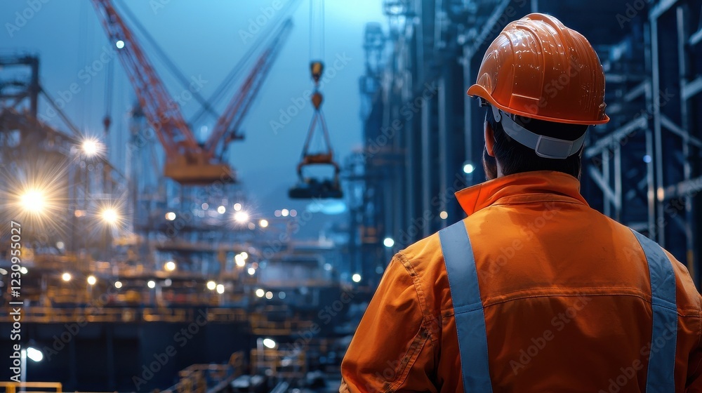 Poster engineer worker back view observing cranes lifting ship components onto the upper deck