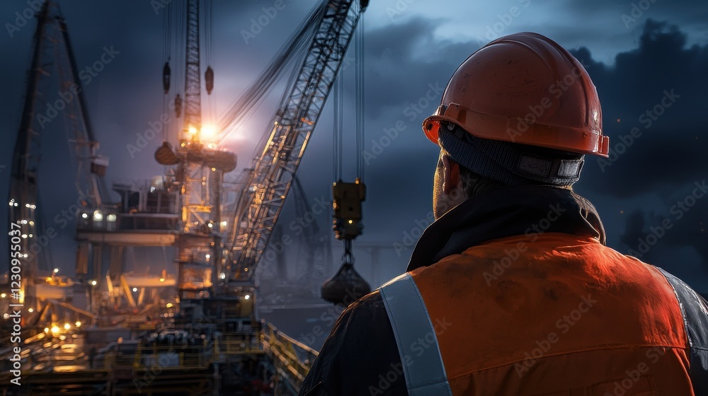 Poster engineer worker back view observing cranes lifting ship components onto the upper deck