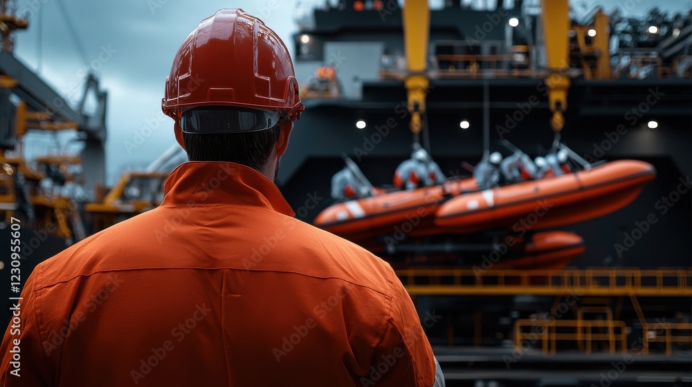 Poster engineer worker back view observing workers installing lifeboats on a ship