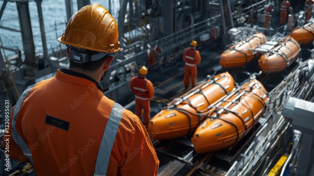 Aufkleber engineer worker back view observing workers installing lifeboats on a ship