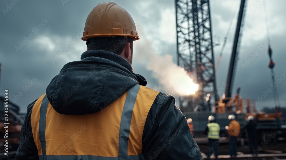 Poster Engineer worker back view observing workers welding rail segments under a cloudy sky