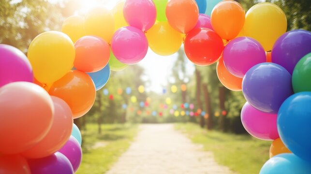 Colorful balloon arch welcomes guests to a festive outdoor celebration during a bright sunny day