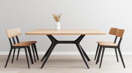 Fototapeta premium Modern Minimalist Dining Table with Wooden Chairs and Vase