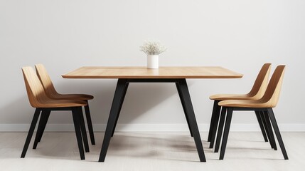 Modern Minimalist Dining Table with Four Wooden Chairs and Vase