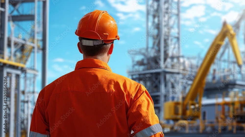 Poster Engineer worker back view standing near an industrial zone with workers and machinery in action