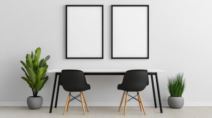 Modern Minimalist Workspace with Empty Frames and Green Plants