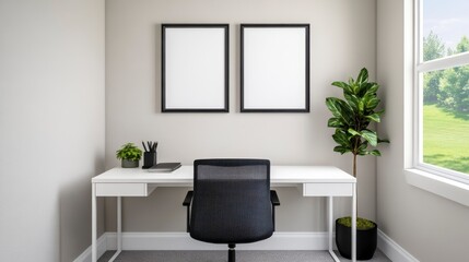 Modern Minimalist Home Office with Desk and Empty Wall Frames