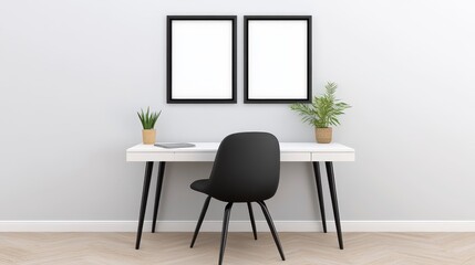 Modern Minimalist Home Office with Black Chair and Blank Frames