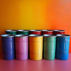 A row of colorful cans are lined up on a table