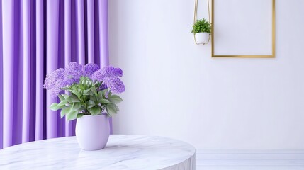 Fototapeta premium Elegant Interior with Purple Curtains and Fresh Lilac Flowers