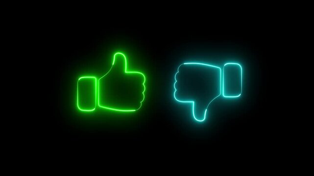 Glowing neon Like and dislike icon. Thumbs up and thumbs down. Colorful neon light glowing icon. Thumb neon icon. like. Animated neon symbol on black background. 4k video.	