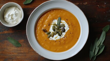 A rich and creamy butternut squash soup with a swirl of cream and a sprinkle of toasted pumpkin seeds, served in a white ceramic bowl, Soup centered