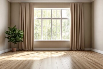 Fototapeta premium A spacious, empty room with a polished wooden floor and a large window that brightens the space.