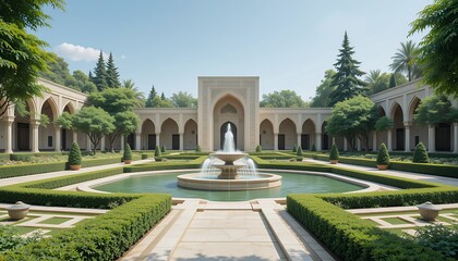 Obraz premium Tranquil Courtyard with Central Fountain Surrounded by Formal Garden