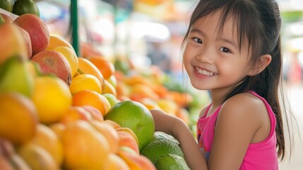 Fototapeta premium Young girl smiling while enjoying fresh fruits at a vibrant market during a sunny day