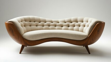 Modern curved sofa, wood frame, light fabric, studio shot, interior design