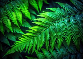Long exposure captures lush, vibrant fern fronds, their details emphasized against a moody black background.