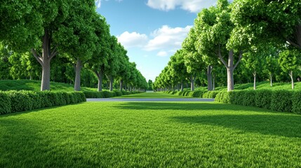 Fototapeta premium Serene Tree-Lined Pathway Under a Bright Blue Sky in Summer
