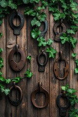 Rustic metal rings, ivy wall, garden backdrop, home decor