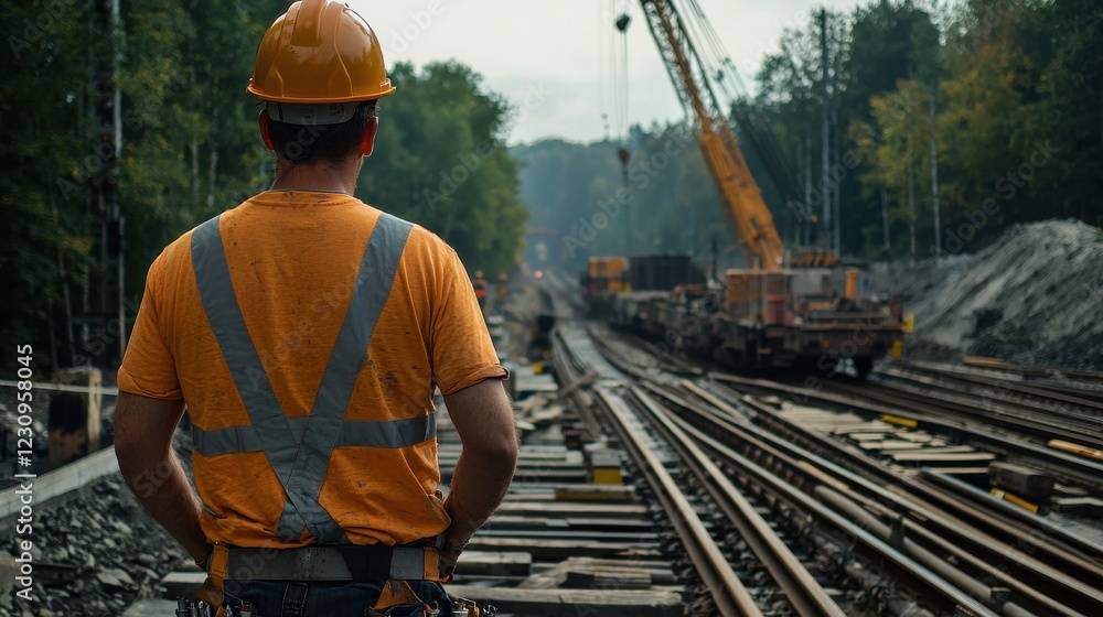 Aufkleber engineer worker back view supervising the unloading of materials for a rail bridge construction proj