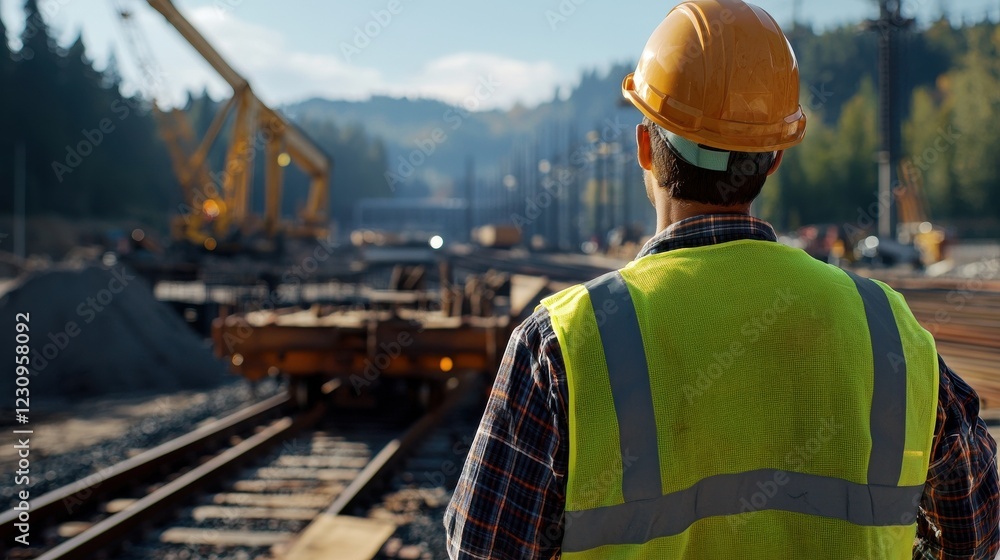 Aufkleber Engineer worker back view supervising the unloading of materials for a rail bridge construction project