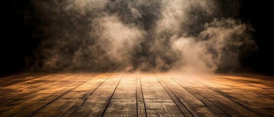A dimly lit background establishes a mood for an atmospheric stock image of an unoccupied floor cloaked in drifting smoke.