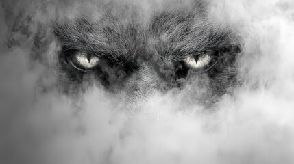 Glowing wolf eyes in smoke; mystical forest background; Halloween, fantasy, horror