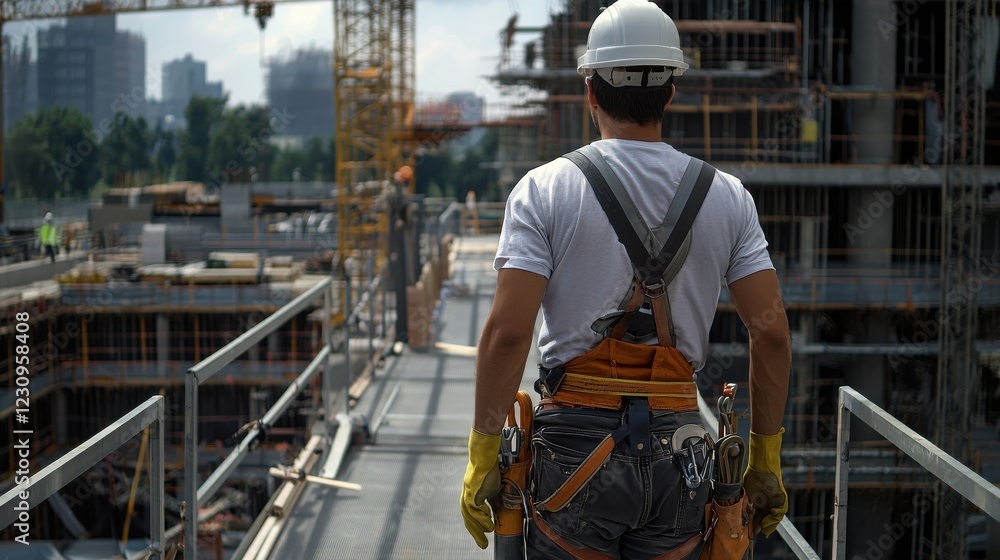 Aufkleber Engineer worker back view walking across a construction platform with safety rails and tools in view