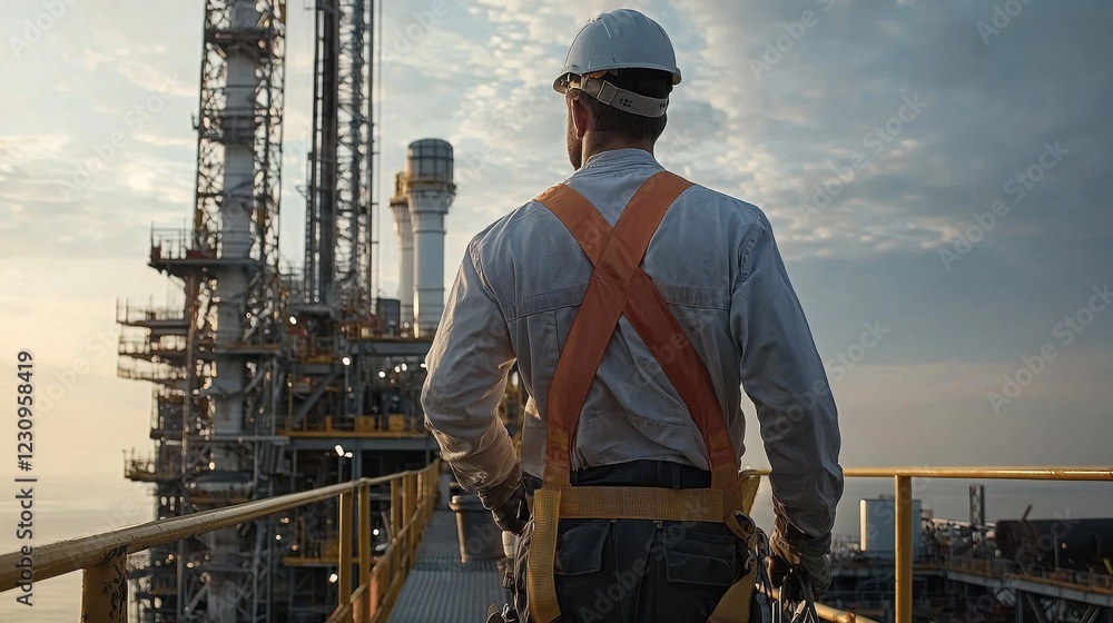 Poster Engineer worker back view walking across a construction platform with safety rails and tools in view