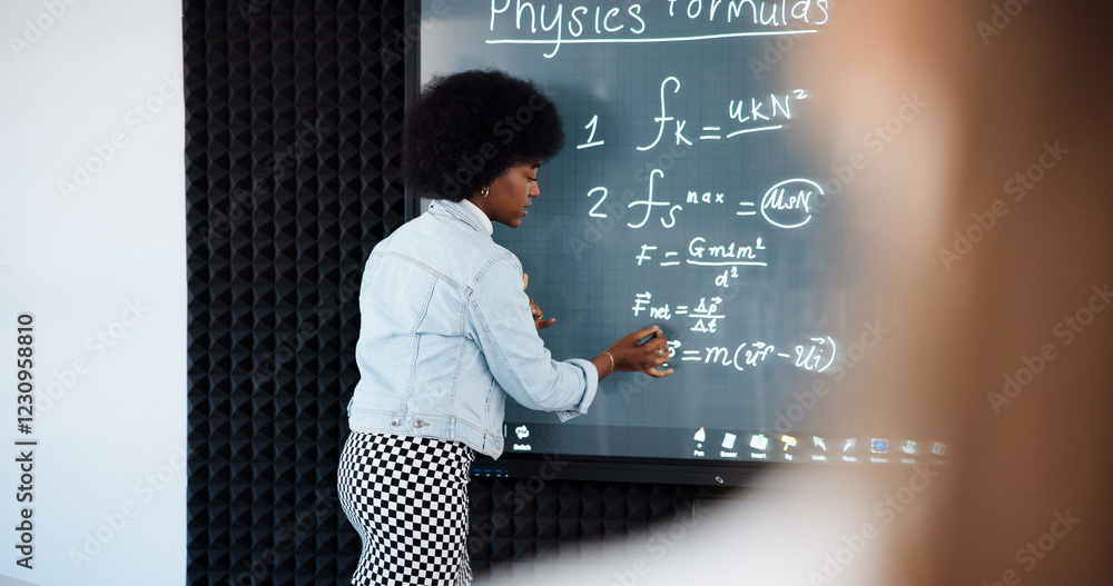 Aufkleber education, student and woman with formula, smart board and revision for exam in classroom or online.