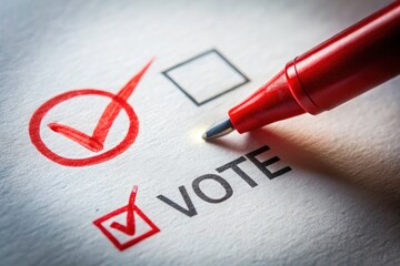 Macro lens captures a crucial detail: a red checkmark on a ballot. Vote.