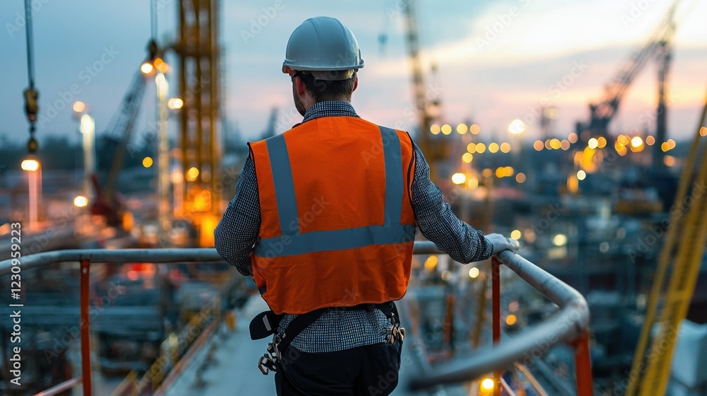 Poster engineer worker back view walking on a metal platform overlooking shipyard operations