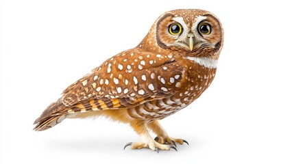 Obraz premium Adorable Spotted Owl with Large Eyes Standing on White Background