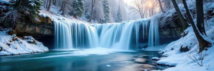 Obraz premium A frozen waterfall in the heart of the forest, serene, tranquil, ice