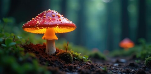 Fototapeta premium A glowing mushroom grows in a hidden clearing, forest, earthy