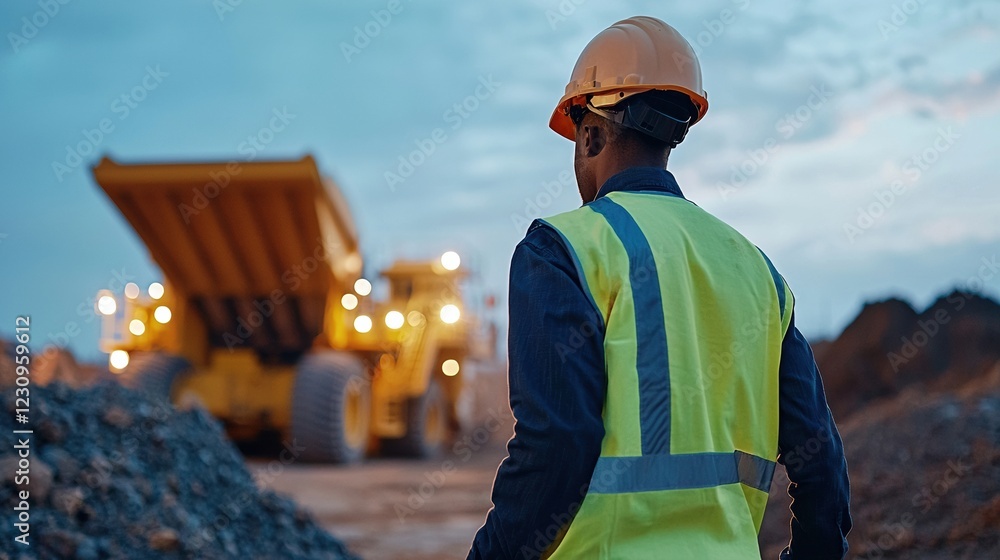 Poster engineer worker back view walking toward a massive rock crusher at a mining site