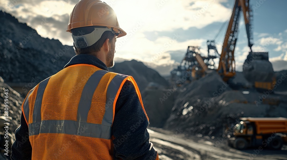 Poster Engineer worker back view walking toward a massive rock crusher at a mining site