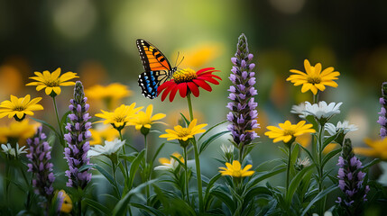 Obraz premium A field of flowers with a bright blue flower in the middle. The flowers are in full bloom and are scattered throughout the field