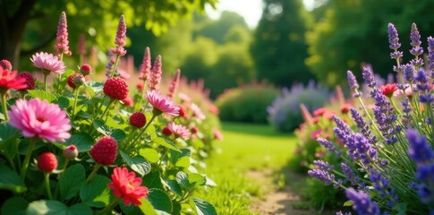 Obraz premium A picturesque summer garden filled with radiant flowering plants, including juicy raspberry bushes and lavender, picturesque garden, juicy raspberry bushes