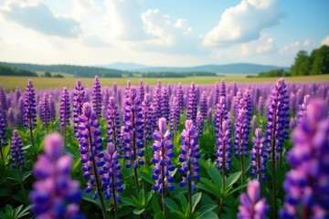 Fototapeta premium A sea of purple lupins stretching across the meadow, landscape, wildflowers