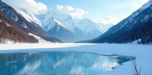 A serene frozen lake with snow-capped mountains of Caucasus in the background, frozen lake, caucasus