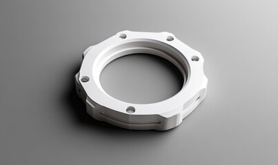 White industrial part, circular, with multiple facets and holes.