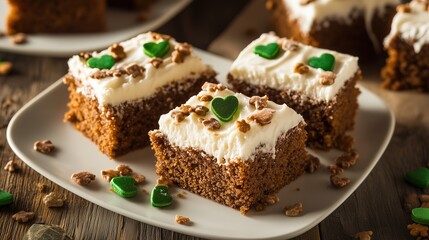 Homemade gingerbread cake squares with cream cheese frosting and green heart sprinkles, festive dessert, holiday baking, sweet treat
