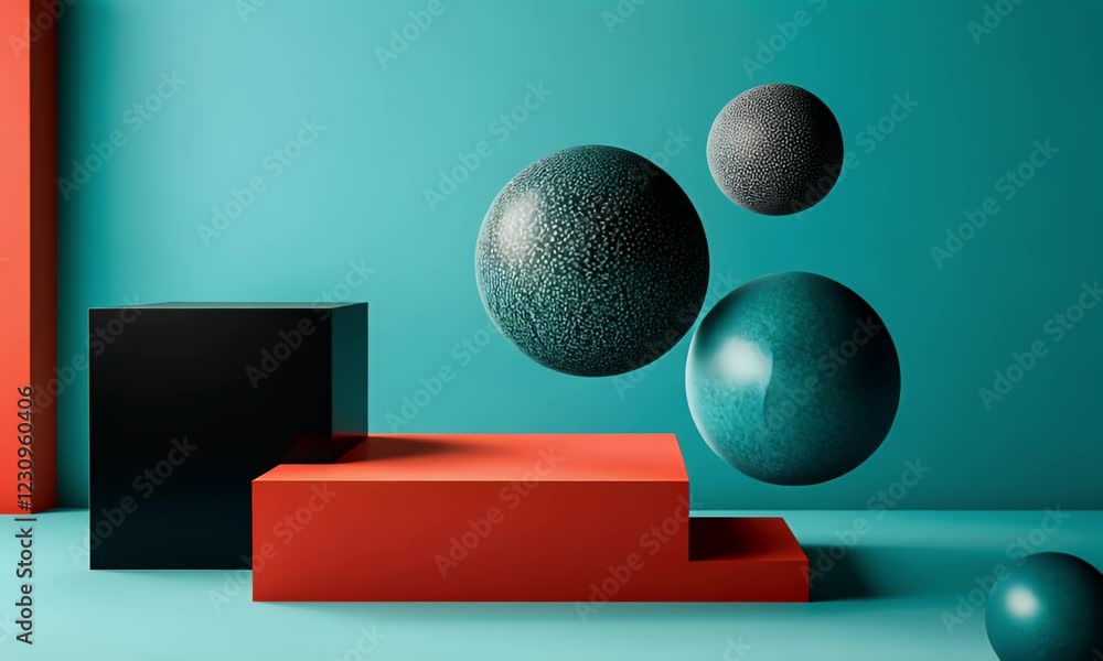 Poster teal studio spheres float above red stage