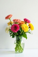 Colorful flowers in a vase against a simple white background, plant life, greenery