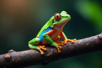 Colorful ranitomeya ventrimaculata Rodyll on tree branch, colorful anole, frog