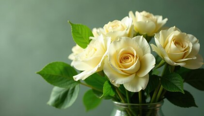 Cream-colored flowers in a vase with lush green leaves, leafy greens, botanical, organic